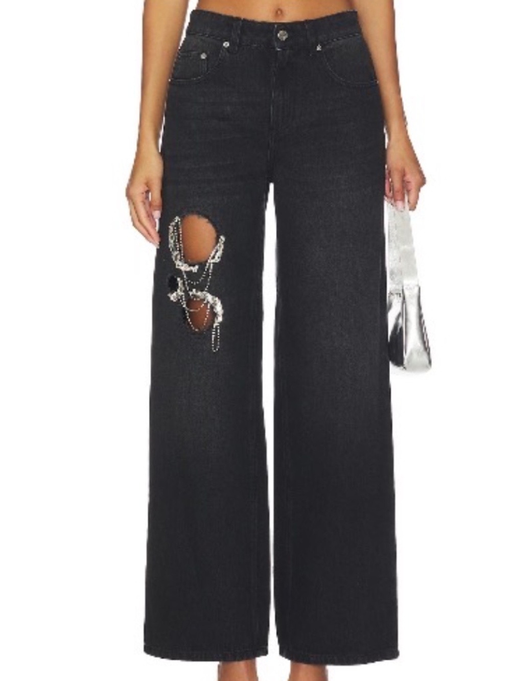 AREA Crystal Chain Cutout Relaxed Jean in Washed Black
